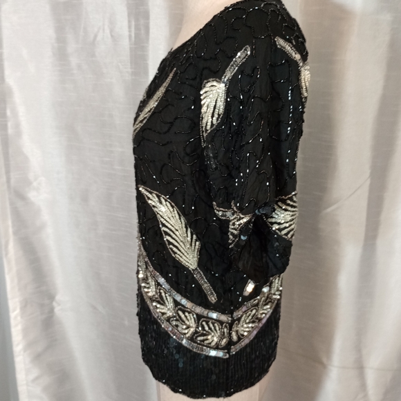 JLB Paris SILK Blouse, Silver Sequin/Beaded leaf pattern, Short Sleeves, M or 10 - Picture 4 of 8